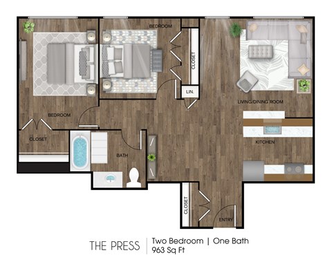 Floor plan for 2 beds, 1 bath, 963 sqft